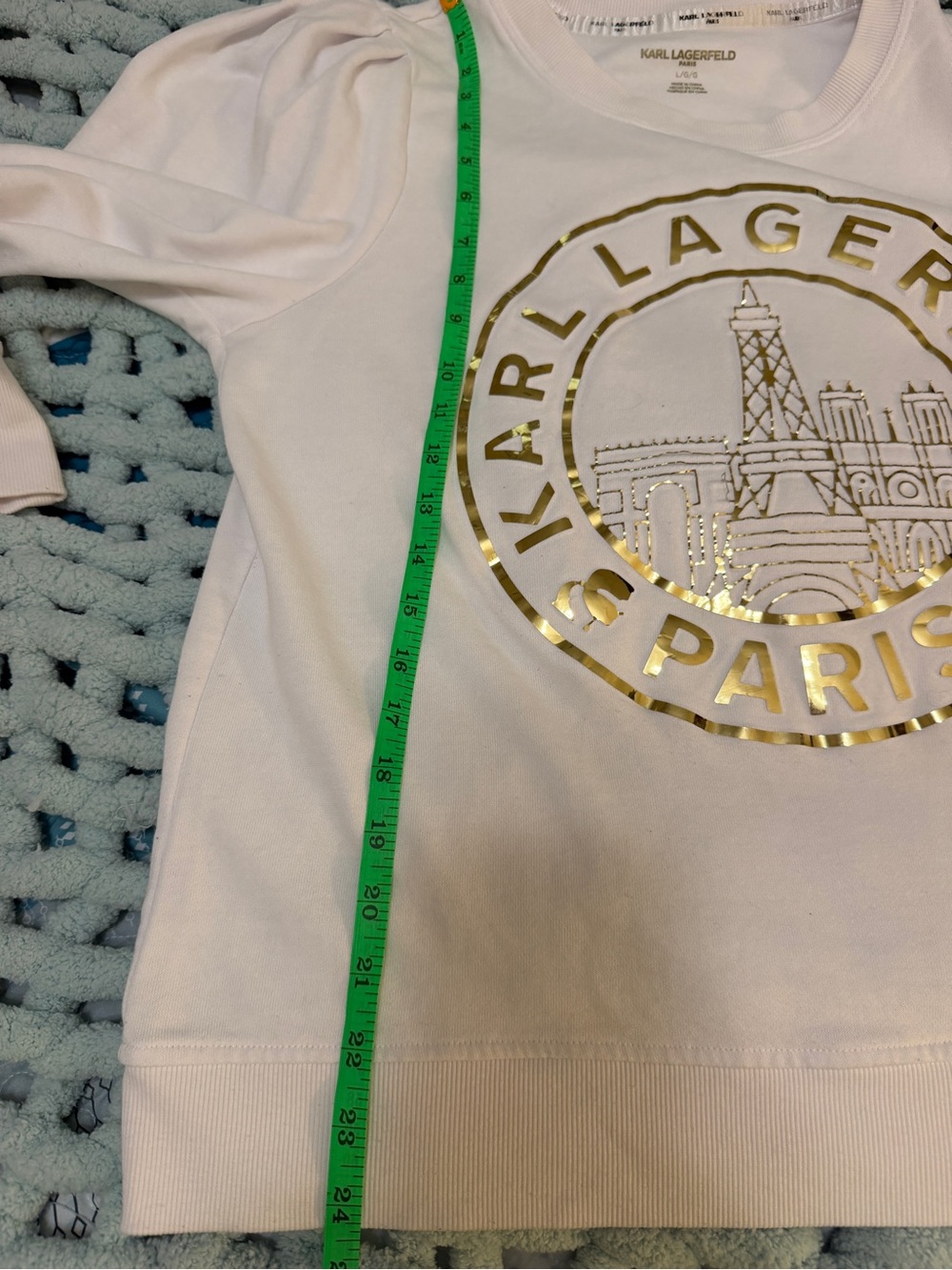 Karl Lagerfeld White Sweatshirt with Gold Lagerfeld Paris Emblem Sz Lg - Picture 14 of 15
